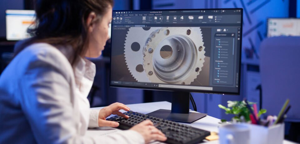 Woman engineer working on new digital prototype using professional construction equipment late at night at office company. Entrepreneur looking at technical architecture before deadline
