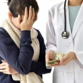 Hospital and medical expenses, Woman patient face-palming worried about medical fee charges for disease treatment, Doctor holding dollar money, Health insurance concept.