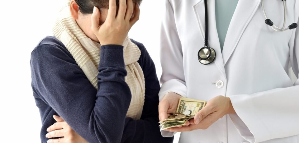 Hospital and medical expenses, Woman patient face-palming worried about medical fee charges for disease treatment, Doctor holding dollar money, Health insurance concept.