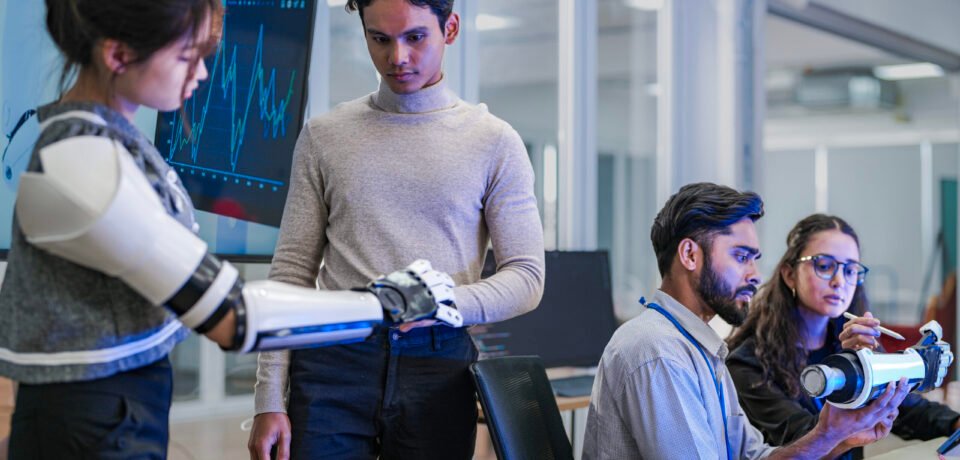 A robotics team develops a new bionic limb, inspecting the prototype while analyzing real-time performance data. A concept for digital twins, agile R&D, and mechatronics innovation.