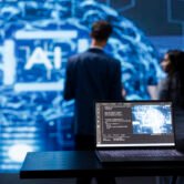 Focus on laptop running AI cognitive computing tech used by IT staff members in blurry background. Close up of notebook used by teamworking engineers to do data mining with self learning algorithms