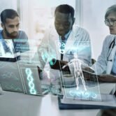 Laptop, team work or doctors in meeting with 3d holographic overlay for anatomy research in hospita.