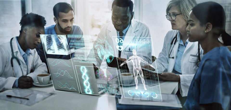 Laptop, team work or doctors in meeting with 3d holographic overlay for anatomy research in hospita.