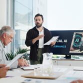 Presentation, paperwork and businessman in office with team for AI governance system. Discussion, p.