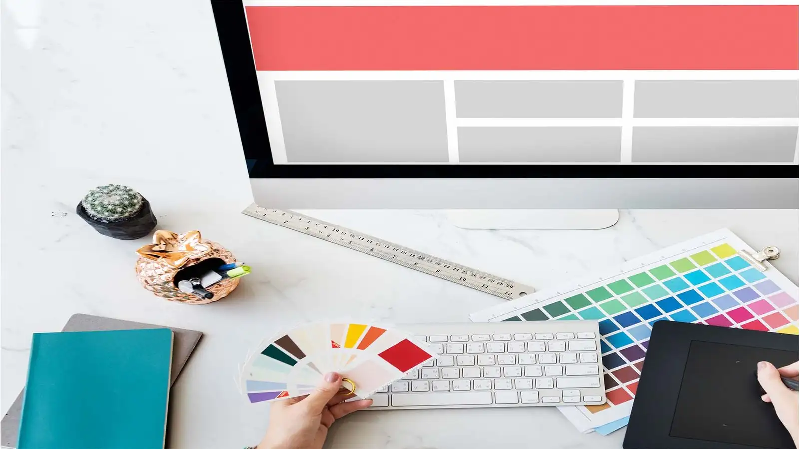 Website design and development workspace with UI design tools and color palette