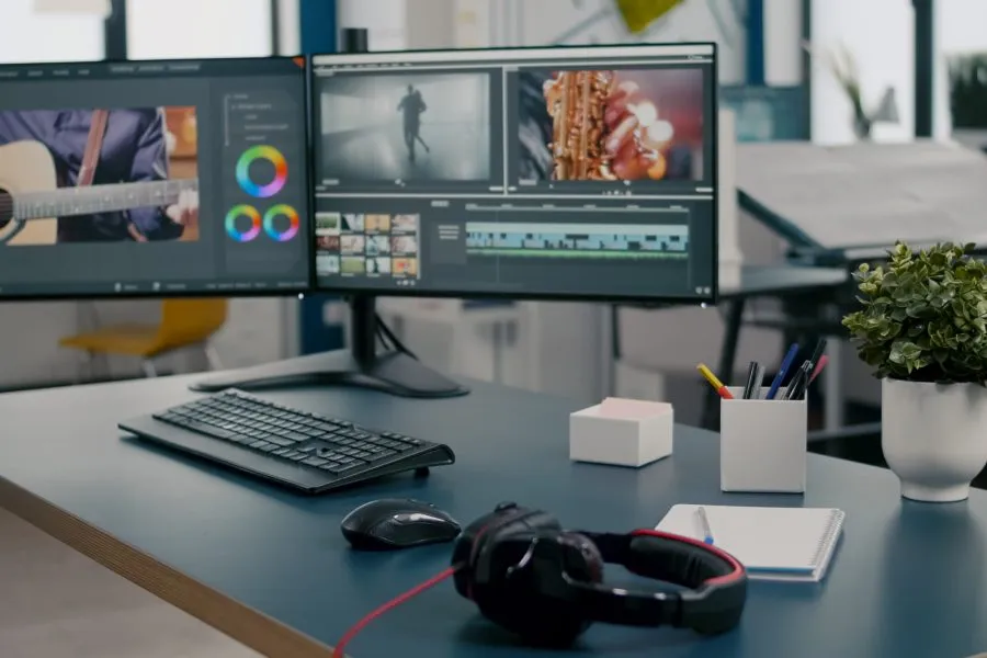 Empty creative multimedia studio with professional computer placed on desk, dual monitor setup. Video editing start up company agency with no people in it and post production software on pc displays