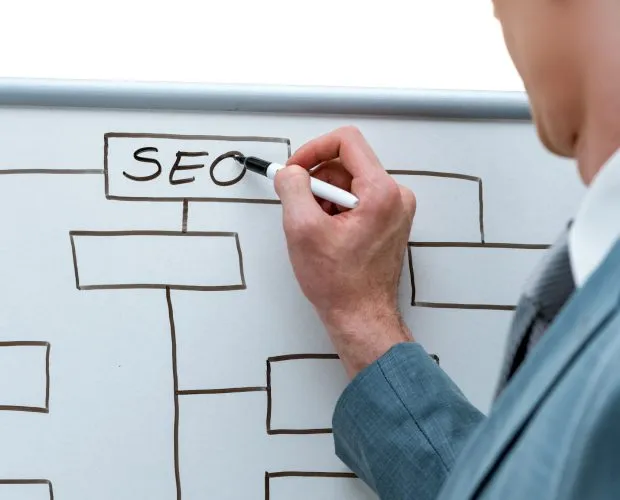 Businessman evaluating risks of a new business strategy, and drawing  on whiteboard.