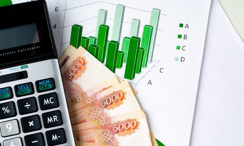 Financial chart with Russian rubles money stack with calculator. Currency appreciation concept